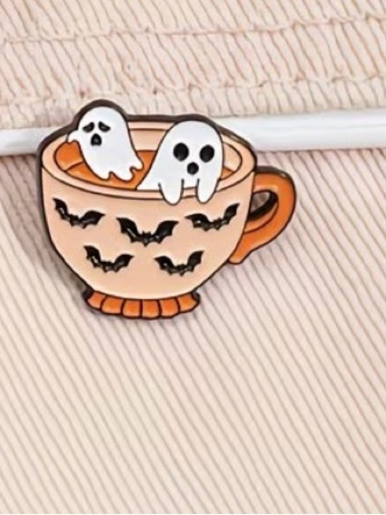 Accessories - Halloween Ghosts in Orange Teacup Enamel Pin - Cute Bat Design